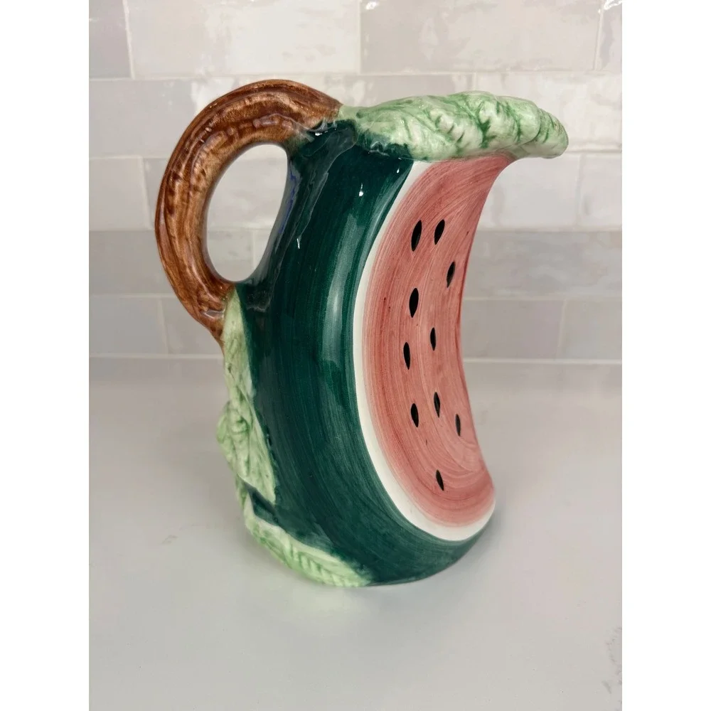 Vintage Watermelon Ceramic Pitcher  Fruit Shaped Juice Carafe Made in Italy